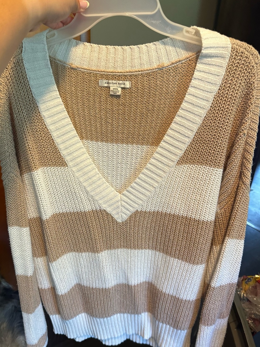 American Eagle Outfitters Striped V-Neck Sweater in Cream and Tan